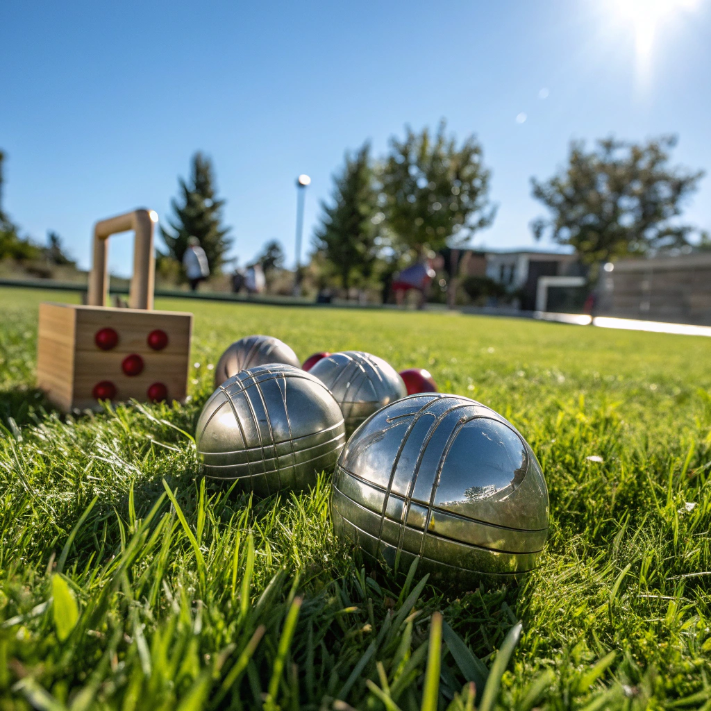 Boules-Kugeln auf feinem Kiesplatz im Sonnenlicht