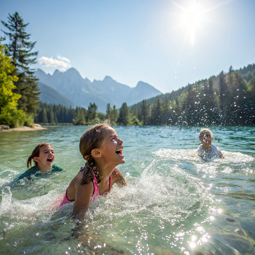 Kinder spielen in einem frischen Bergfluss im Berner Oberland