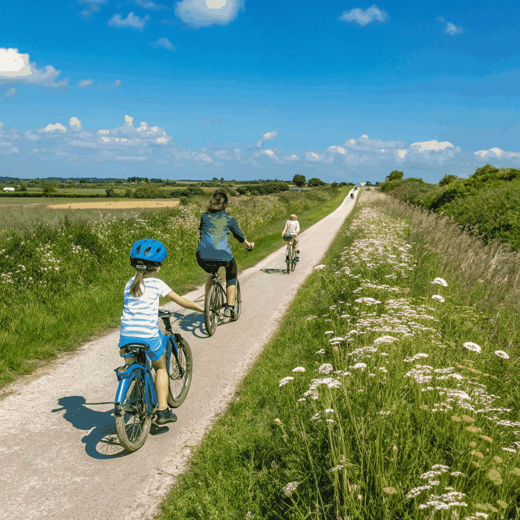 Familie auf einer entspannten Fahrradtour durch die Berglandschaft