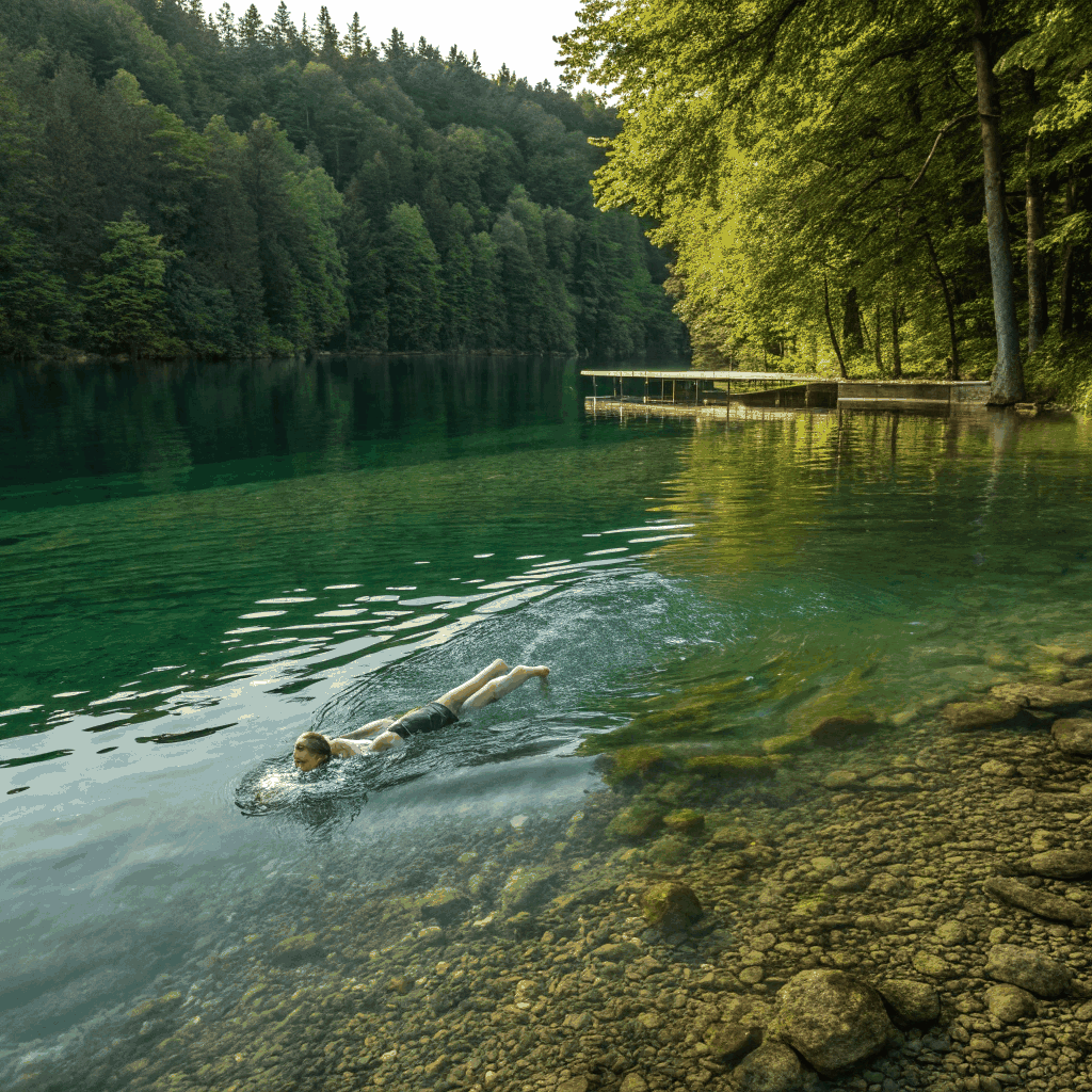 Schwimmer im erfrischenden Bergsee umgeben von Alpenpanorama